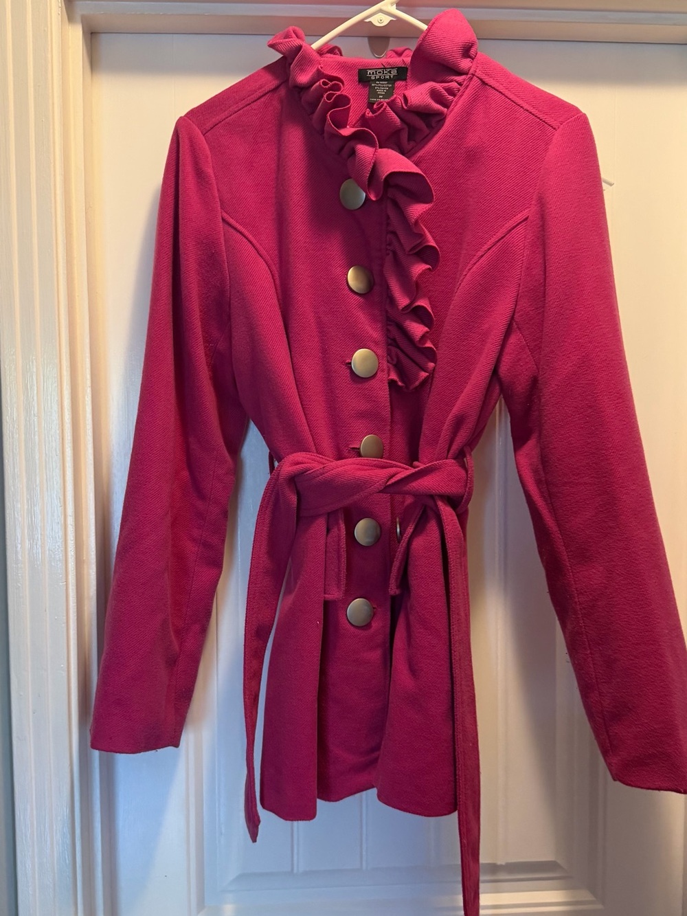 Magenta Ruffle Collar Belted Jacket